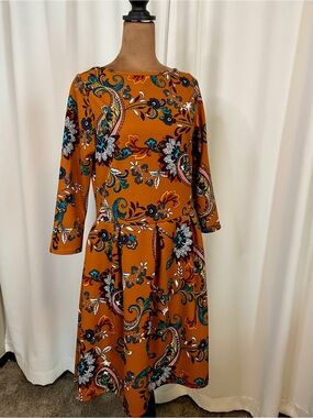 NWOT. Floral Paisley Fit-and-Flare Midi Dress in Mustard